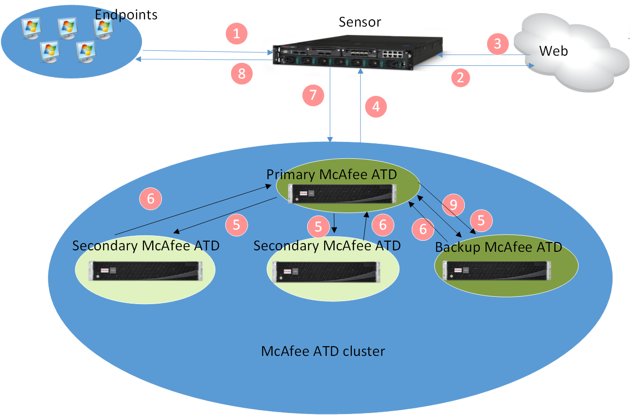 Diagram showing McAfee Web Gateway integration with an Intelligent Sandbox cluster. Diagram includes Endpoints, Sensor appliance, Web/cloud, numbered flow arrows, and an McAfee ATD cluster with Primary, Secondary, and Backup ATD appliances inside an oval labeled McAfee ATD cluster.