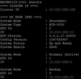 Terminal screenshot showing lbstats output from a secondary node — black terminal background with similar node sections and fields (Cluster IP, MY NODE INFO, System Mode, ATD Id, IP, ATD Version, Config Version, System Status, System Health).