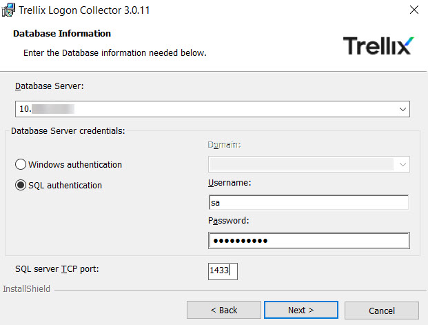 Trellix Logon Collector installer dialog titled Trellix Logon Collector 3.0.11 showing Database Information. Fields shown include Database Server: with an IP, Database Server credentials with SQL authentication selected, Username: sa, a masked Password field, SQL server TCP port: 1433, and buttons < Back, Next , Cancel. Trellix logo visible in upper-right of dialog.