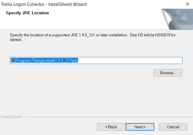 Specify JRE Location installer dialog showing a text field with the path C:\Program Files\java\jdk1.8.0_331\jre\ highlighted, and buttons Browse..., < Back, Next , Cancel. InstallShield branding visible at bottom of dialog.