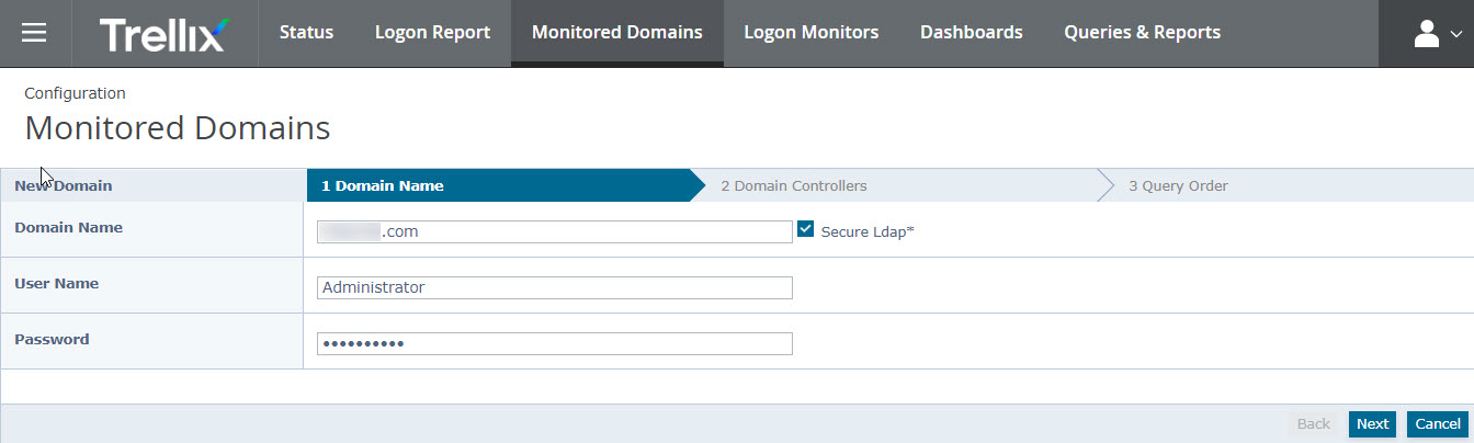 Screenshot of the Trellix Monitored Domains user interface showing the New Domain wizard with fields Domain Name, User Name, Password and navigation buttons including Next and Cancel.