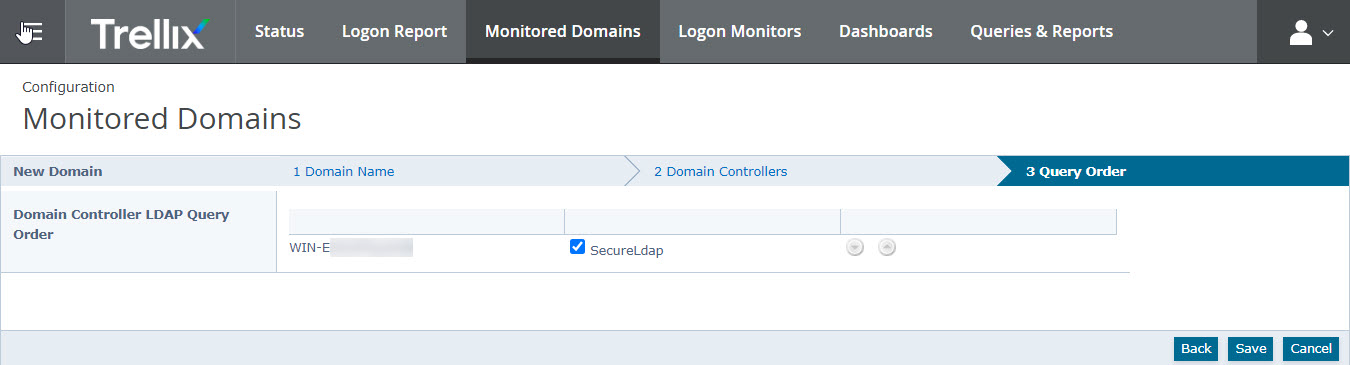 Trellix Monitored Domains screen showing the 3 Query Order tab with Domain Controller LDAP Query Order table, a domain entry, SecureLdap checkbox selected, and Back / Save / Cancel buttons in the lower right.