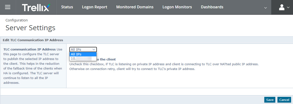 Screenshot of the Trellix Server Settings page showing the Edit TLC Communication IP Address panel with a dropdown labeled All IPs, a sample IP entry field, Save and Cancel buttons, and the Trellix header visible