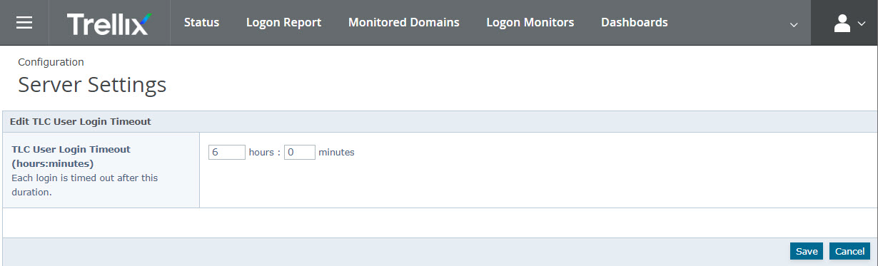 Trellix Server Settings page showing Edit TLC User Login Timeout with fields for hours and minutes and Save and Cancel buttons