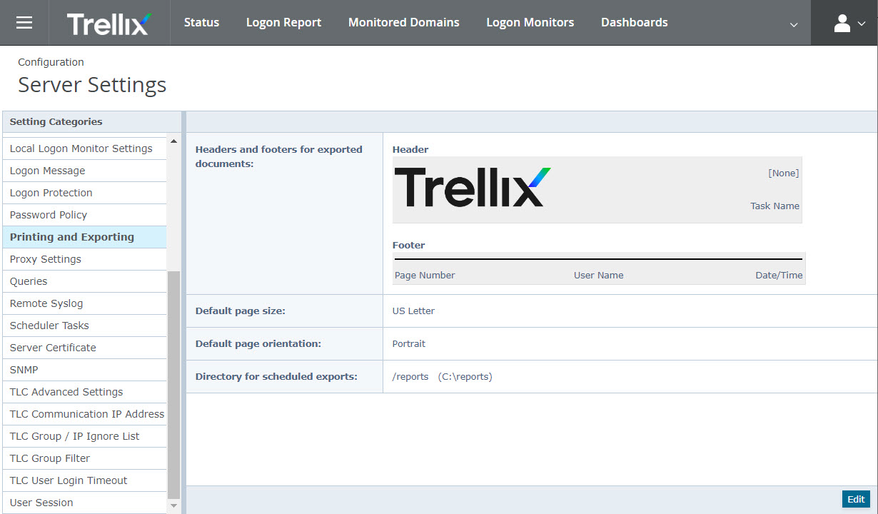 Printing and Exporting Server Settings screenshot showing headers and footers for exported documents, default page size and orientation, directory for scheduled exports, and an Edit button
