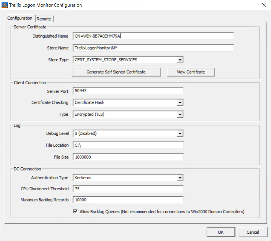 Screenshot of the Trellix Logon Monitor Configuration dialog showing Server Certificate, Client Connection, Log, and DC Connection sections with fields such as Distinguished Name, Store Name, Server Port, Certificate Checking, Type, Debug Level, File Location, File Size, Authentication Type, CPU Disconnect Threshold, and Maximum Backlog Records.