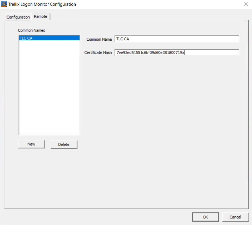 Trellix Logon Monitor Configuration dialog showing a Common Names list on the left, a Common Name field set to TLC CA, and a Certificate Hash input field (certificate hash value visible) on the right.
