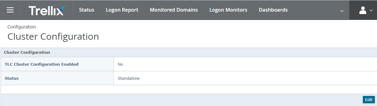 Trellix web interface screenshot showing the top navigation bar and a Cluster Configuration panel with a table; table rows include TLC Cluster Configuration Enabled with value No and Status with value Standalone and an Edit button in the bottom-right of the panel.