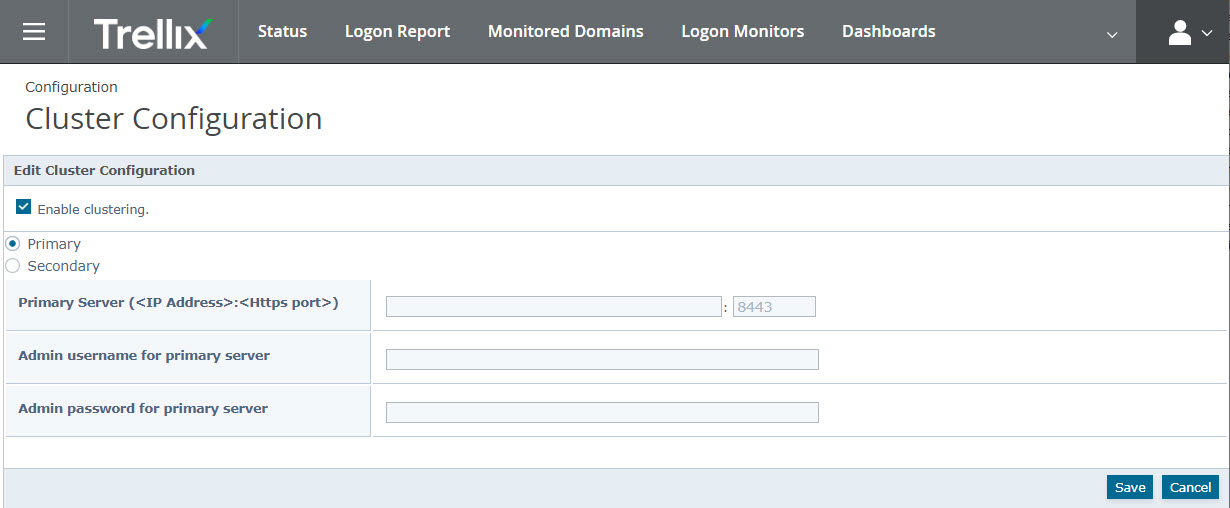 Edit Cluster Configuration dialog screenshot showing a checkbox labeled Enable clustering., radio options Primary and Secondary, input fields labeled Primary Server (<IP Address>:<Https port>), Admin username for primary server, Admin password for primary server, and Save and Cancel buttons at the bottom-right of the dialog.
