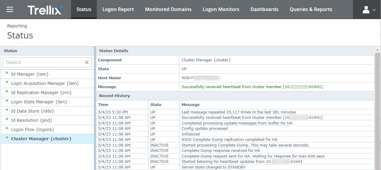 Screenshot of the Trellix Status page for the secondary server showing the Status Details and Recent History. The Recent History contains entries indicating heartbeat and server state changes, including Server state changed to STANDBY.