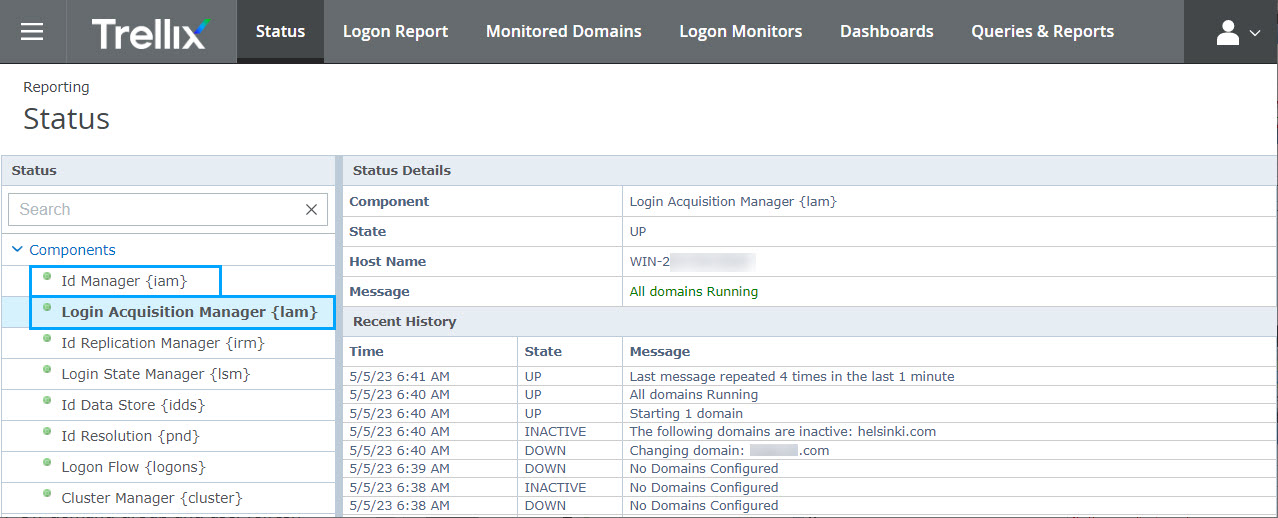 Trellix Status UI screenshot showing the application header with navigation (Status, Logon Report, Monitored Domains, Logon Monitors, Dashboards, Queries & Reports), the Status panel on the left with a components list, and the Status Details and Recent History tables on the right.