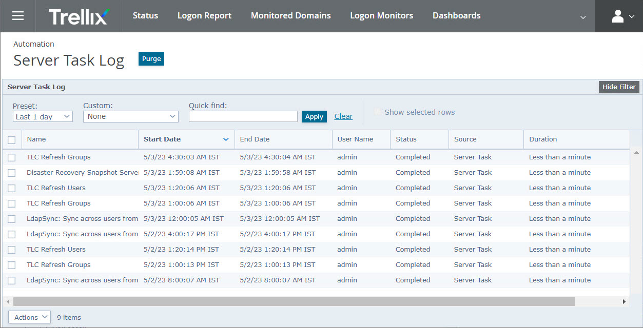Screenshot of the Trellix web interface showing the Server Task Log list view. The table displays columns such as Name, Start Date, End Date, User Name, Status, Source, and Duration, with multiple server task rows (examples include TLC Refresh Groups, TLC Refresh Users, LdapSync: Sync across users). The Trellix header and navigation (Status, Logon Report, Monitored Domains, Logon Monitors, Dashboards) are visible at the top of the UI.