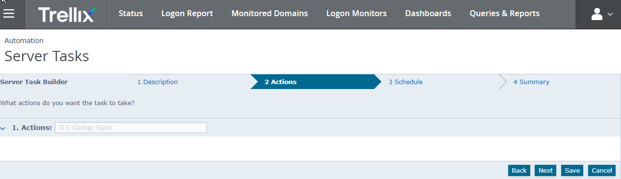 Server Tasks - Actions tab screenshot showing 1. Actions: TLC Group Sync field in the Server Task Builder, the step indicator highlighting 2 Actions, and Back, Next, Save, Cancel buttons in the bottom-right