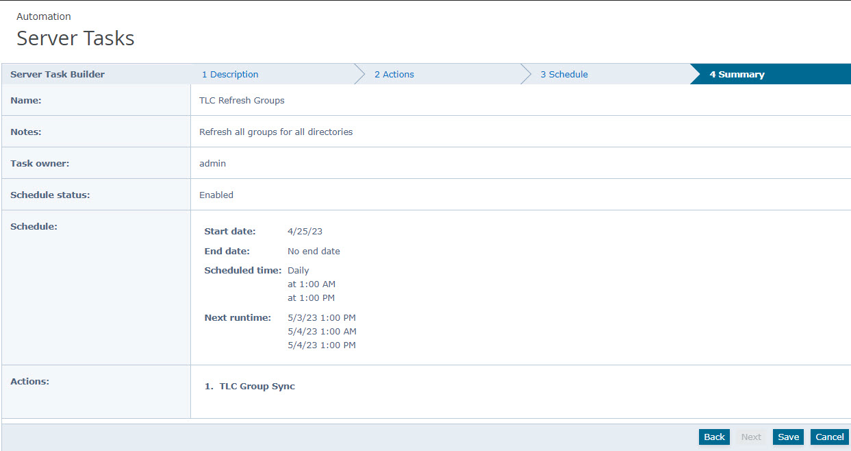 Screenshot of the Server Tasks Summary page showing Server Task Builder with Name, Notes, Task owner, Schedule status, Schedule details and Actions - the Summary tab view.