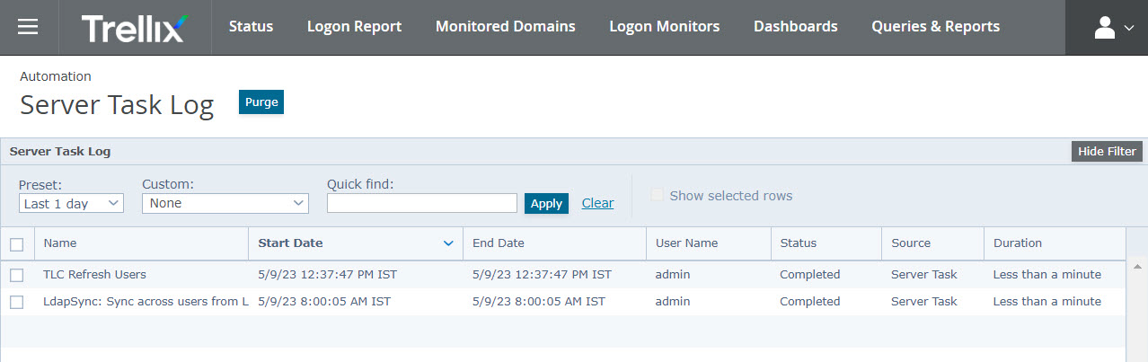 Screenshot of the Trellix Server Task Log page showing the top navigation bar with Trellix logo, menu items (Status, Logon Report, Monitored Domains, Logon Monitors, Dashboards, Queries & Reports), and a table listing server task log entries including names like TLC Refresh Users and LdapSync with columns such as Start Date, End Date, User Name, Status, Source, and Duration
