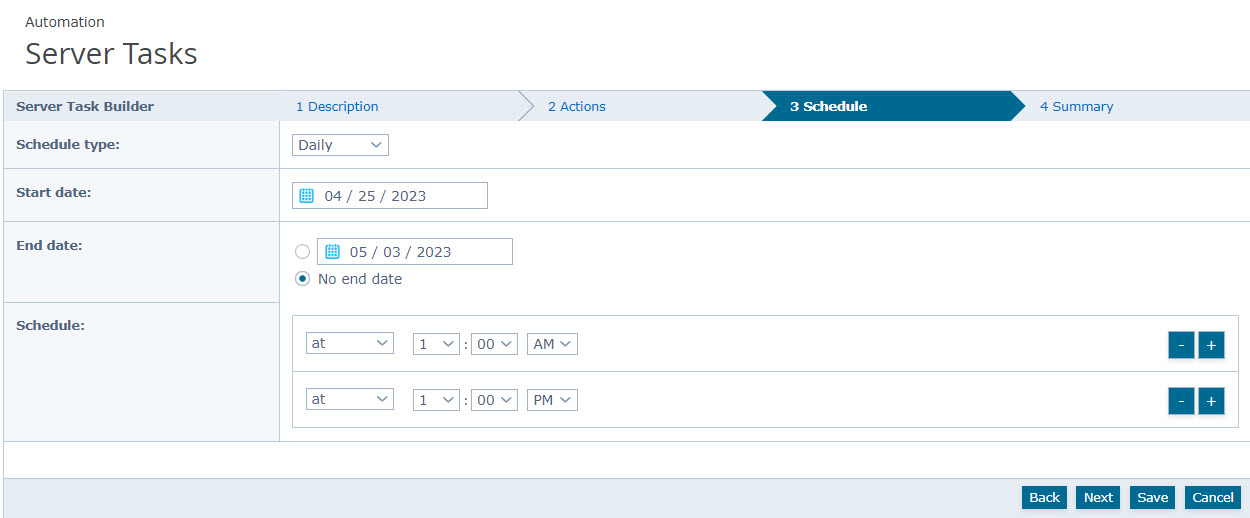 Server Tasks screenshot showing the Server Task Builder schedule form with Schedule type, Start date, End date (including No end date option), multiple schedule rows with time selectors and plus/minus buttons, and Back/Next/Save/Cancel buttons