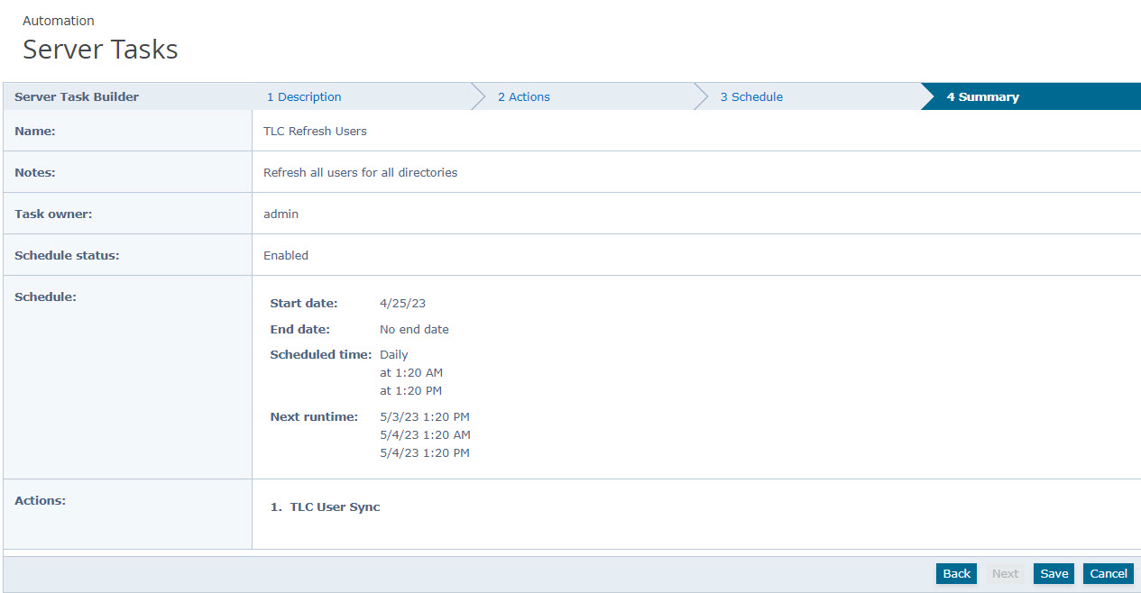 Screenshot of the Server Tasks Summary tab showing the Server Task Builder with fields Name, Notes, Task owner, Schedule status, Schedule (Start date, End date, Scheduled time, Next runtime), Actions, and buttons Back, Save, Cancel