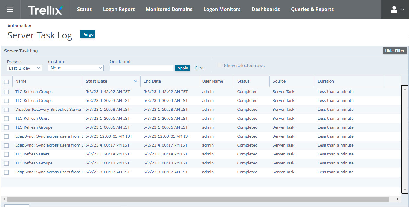 A screenshot of the Trellix web interface titled Server Task Log showing a filter panel and a table of server tasks with columns such as Name, Start Date, End Date, User Name, Status, Source, and Duration; the Trellix dark gray header is visible at the top of the screenshot.