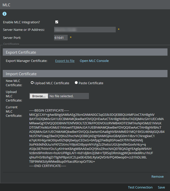 MLC configuration panel showing Enable MLC Integration? checkbox, fields for Server Name or IP Address and Server Port (61641), sections titled Export Certificate and Import Certificate, options to Upload MLC Certificate or Paste Certificate, a file upload control labeled Browse... No file selected., a large text area containing a certificate block beginning with -----BEGIN CERTIFICATE----- and ending with -----END CERTIFICATE-----, and action buttons such as Remove, Test Connection, and Save.