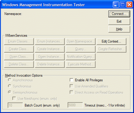 Windows Management Instrumentation Tester dialog showing Namespace, IWbemServices operations, and Method Invocation Options checkboxes and controls