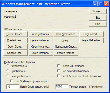 Windows Management Instrumentation Tester dialog showing IWbemServices controls (Enum Classes, Create Instance, Open Class, Delete Class, etc.), Method Invocation Options (Asynchronous, Synchronous, Semisynchronous), and connection controls for root\cimv2