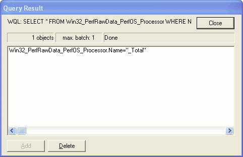 A screenshot of the Query Result window showing the WQL query at the top, the result list area, and a Close button