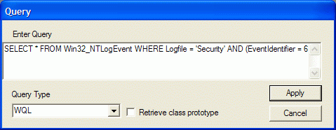 Screenshot of a Query dialog box showing a WQL query text area containing SELECT * FROM Win32_NTLogEvent WHERE Logfile = 'Security' AND (EventIdentifier = 6 ..., with Query Type set to WQL and Apply and Cancel buttons visible.