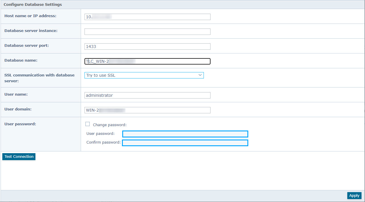 Screenshot of the Configure Database Settings form showing fields for host name or IP address, database server instance, database server port, database name, SSL communication option, user name, user domain, user password fields with a 'Change password' checkbox, a 'Test Connection' button and an 'Apply' button