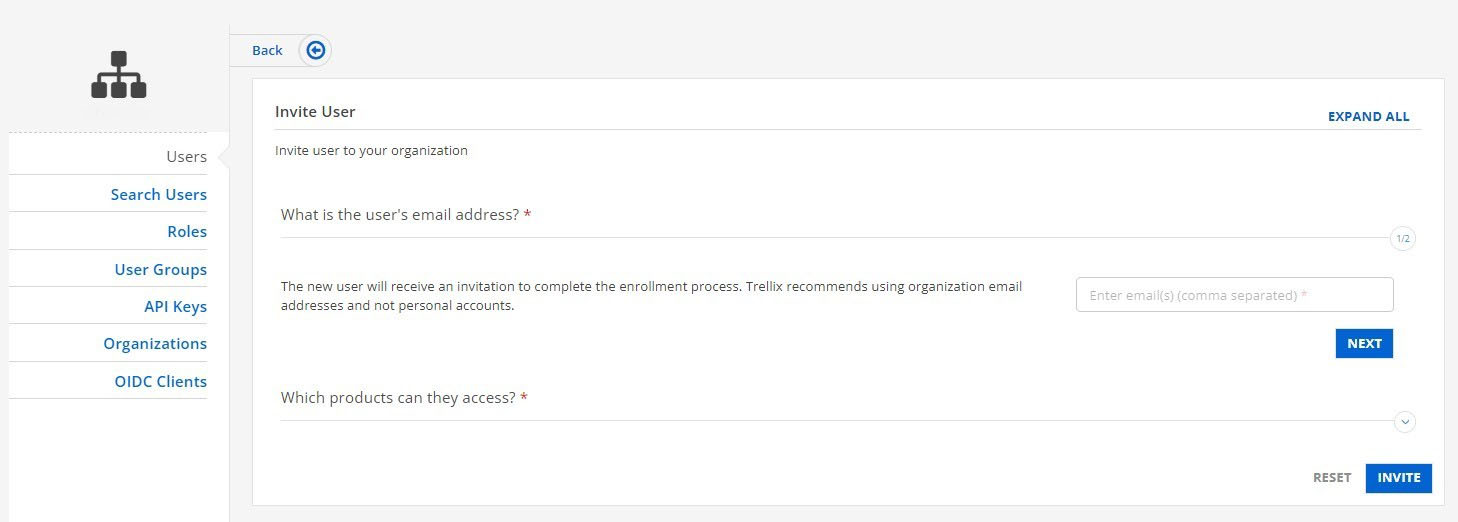 Screenshot of the Invite User dialog showing the What is the user's email address? field, product selection area, and a Next button on the right of the email input.