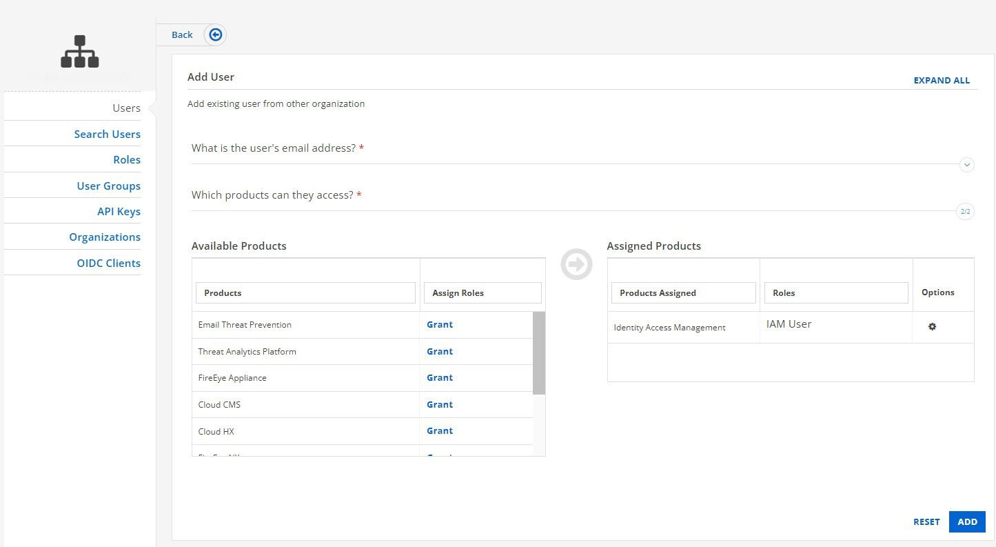 Screenshot of the Add User page showing the Available Products list with Grant links and the Assigned Products panel with assigned product rows and role columns.