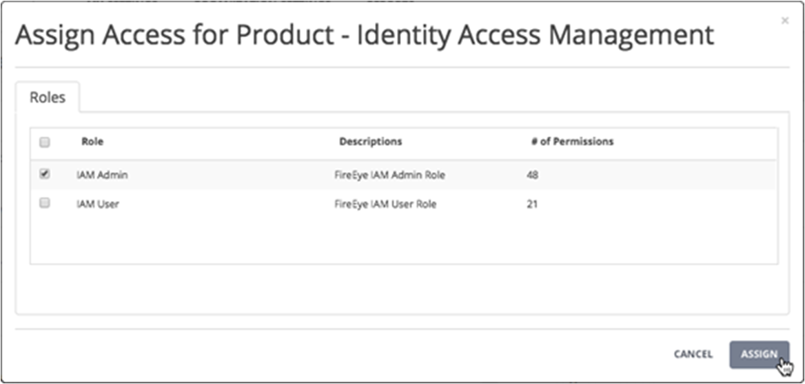 Dialog titled Assign Access for Product - Identity Access Management showing the Roles tab with a table of roles (IAM Admin checked), descriptions, number of permissions, and the Assign button highlighted in the lower-right