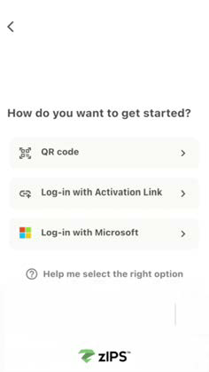 Activation prompt on a mobile device showing a QR code at the top, options including QR code, Log-in with Activation Link, Log-in with Microsoft, and other activation choices in a list-style interface.