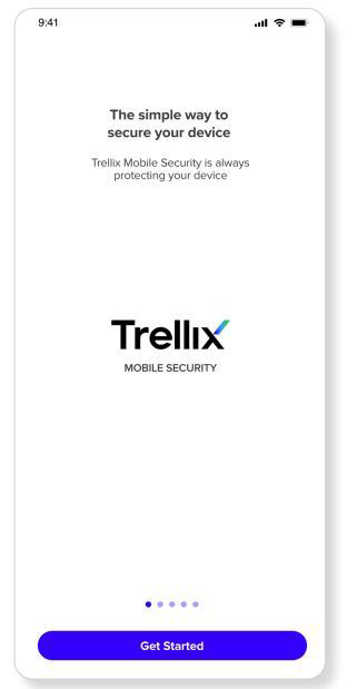 Mobile phone mockup showing the Trellix Mobile Security onboarding screen with Trellix logo and a prominent Get Started button at the bottom.