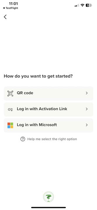Login options box titled How do you want to get started? showing options: QR code, Log in with Activation Link, and Log in with Microsoft