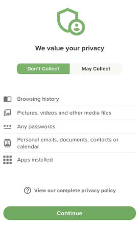 Mobile privacy summary screenshot showing We value your privacy with permission list and Don't Collect / May Collect options and a Continue button