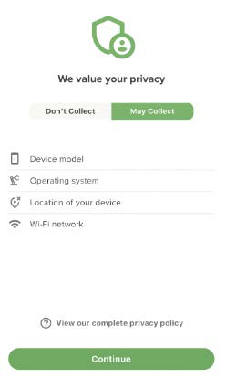 Mobile privacy summary screenshot (alternate view) showing permission categories such as Device model, Operating system, Location of your device, Wi‑Fi network and a Continue button