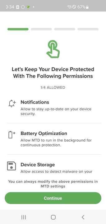 Android permissions screen titled Let's Keep Your Device Protected With The Following Permissions showing items for Notifications, Battery Optimization, Device Storage and a green Continue button