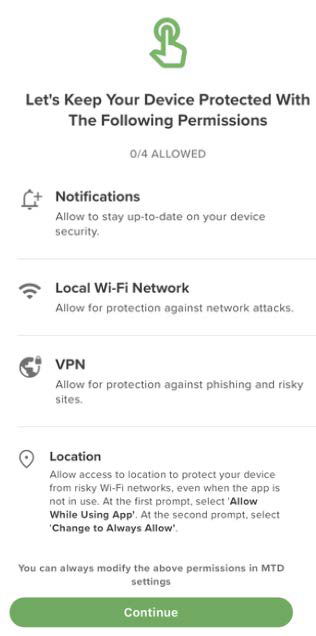 iOS permissions screen titled Let's Keep Your Device Protected With The Following Permissions showing items for Local Wi‑Fi Network, VPN, Location and a green Continue button