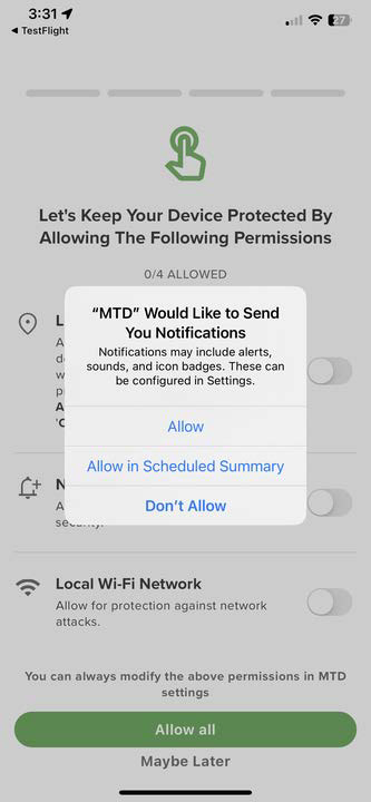 Mobile screenshot of Trellix Mobile Security permissions screen with a notifications permission dialog in the center showing text “MTD Would Like to Send You Notifications” and buttons “Allow”, “Allow in Scheduled Summary”, and “Don’t Allow”. The underlying app screen shows toggles for Location, Notifications, and Local Wi‑Fi Network and a green “Allow all” button with “Maybe Later” below it.