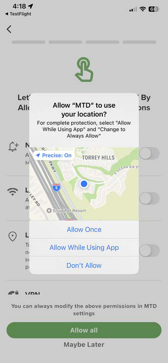 Mobile app permissions popup over a map showing a dialog titled “Allow ‘MTD’ to use your location?” with options “Allow Once”, “Allow While Using App”, and “Don’t Allow”; background shows a map and app permissions toggles and a green “Allow all” button at the bottom.