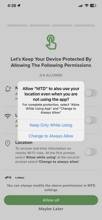 Mobile app permissions screen with a popup offering “Keep Only While Using” and “Change to Always Allow”; background shows permission toggles (Location, Wi‑Fi, etc.) and a green “Allow all” button at the bottom.