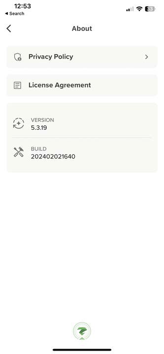 Screenshot of the About screen showing entries Privacy Policy and License Agreement, and version and build details in a mobile app layout