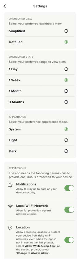 Tall smartphone settings screenshot showing dashboard view, dashboard stats, appearance options, and permissions list with radio buttons and toggle switches inside a device frame