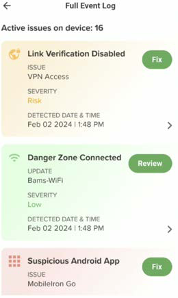 Mobile app Full Event Log screenshot showing stacked issue cards — examples include Link Verification Disabled with a Fix button, Danger Zone Connected with a Review button, and Suspicious Android App with a Fix button; cards use colored backgrounds for severity