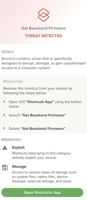 Tall mobile detailed threat screen for iOS Shortcuts titled Get Baseband Firmware with prominent THREAT DETECTED label, sections labeled DETAILS, RESOLUTION, and BREAKDOWN, bullet resolution steps, and a green action button Open Shortcuts App at the bottom