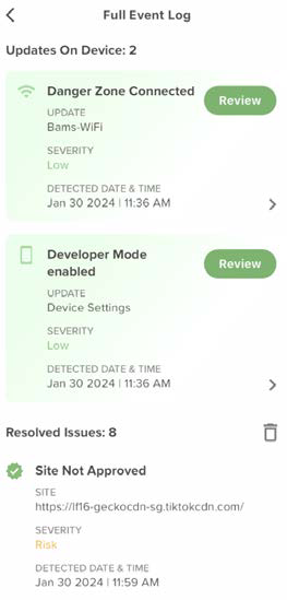 Mobile screen showing the Full Event Log with update entries such as Danger Zone Connected, Developer Mode enabled, Resolved Issues: 8, and a Site Not Approved entry.
