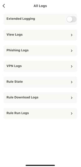 Mobile app All Logs screen showing a list of options such as Extended Logging toggle, View Logs, Phishing Logs, VPN Logs, Rule State, Rule Download Logs, Rule Run Logs in a vertical list