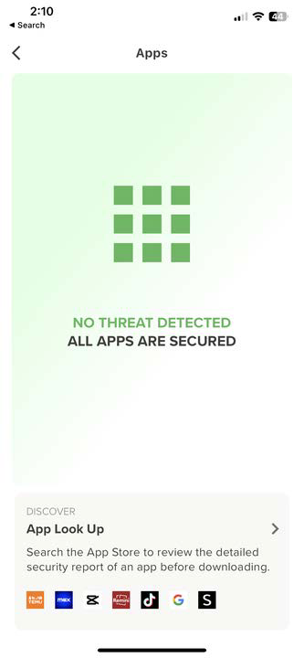 Mobile screenshot titled Apps showing a green 3x3 grid icon on a light green background with the message NO THREAT DETECTED ALL APPS ARE SECURED and a bottom card labeled App Look Up.