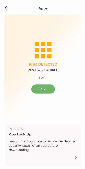 Tall smartphone screenshot showing an Apps tile with RISK DETECTED / REVIEW REQUIRED, a count of 1 APP, and a green Fix button; below is an App Look Up discovery card