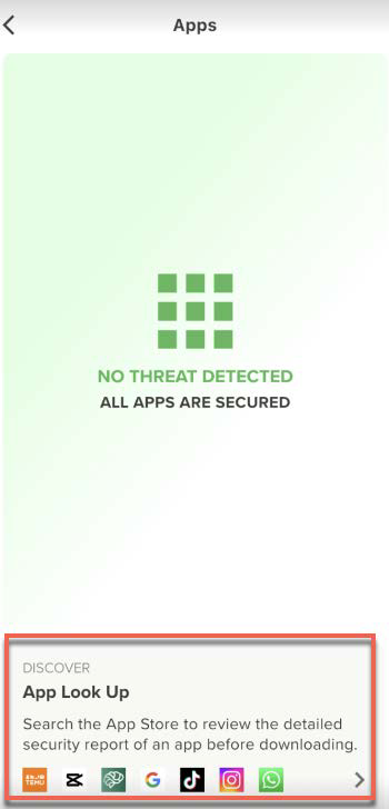 Mobile phone screenshot titled Apps with pale green gradient background, a green grid icon in center and text NO THREAT DETECTED / ALL APPS ARE SECURED; a Discover card is visible at the bottom of the screen